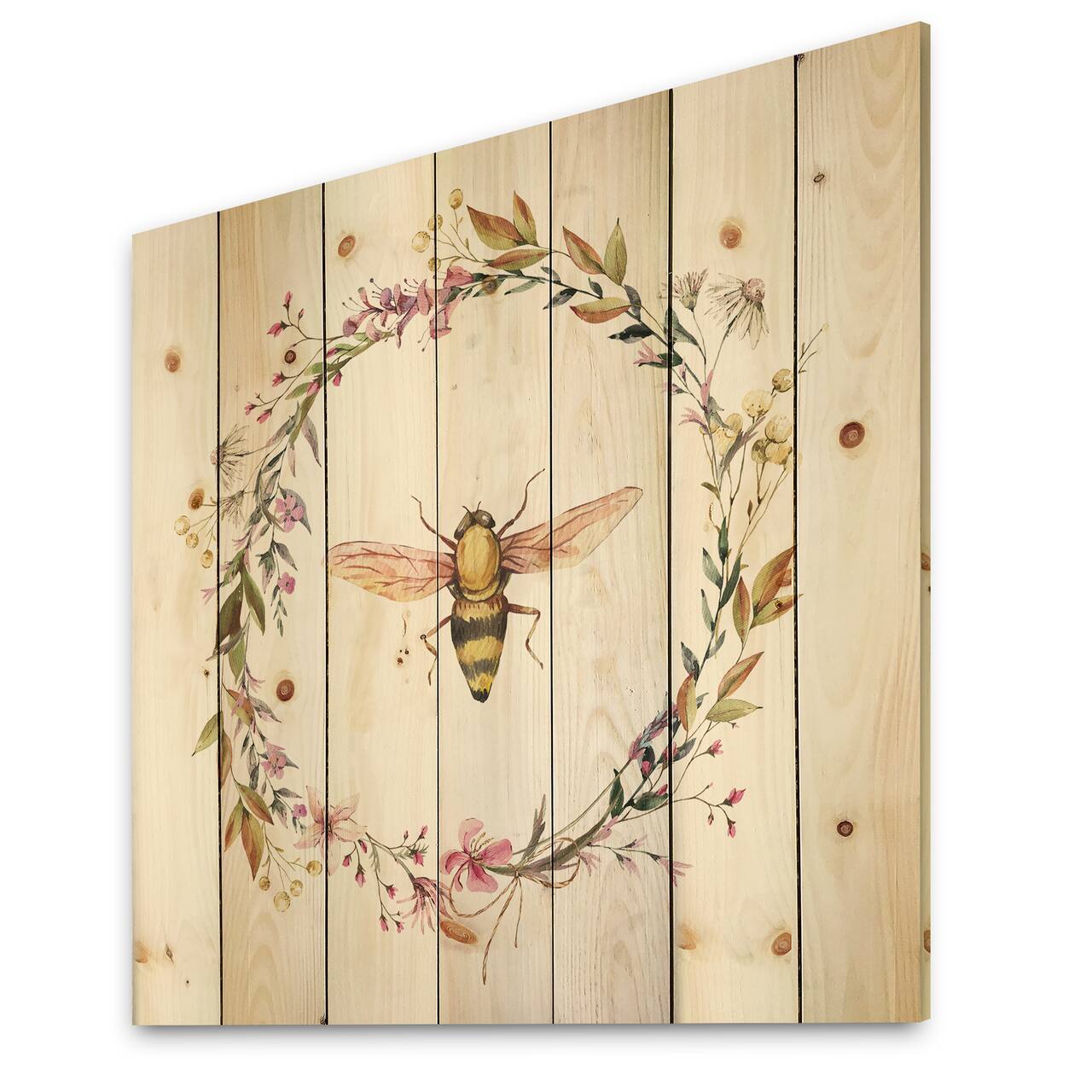 Designart - Bee In Wildflowers Wreath - Farmhouse Print on Natural Pine Wood